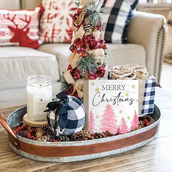 Mtrgdn Pink Christmas Decor Wooden Box Decor Sign,Rustic Merry Christmas Signs for Bedroom Bathroom Home Office Desk Shelf Table Wall Decor,Small Pink Xmas Tree Indoor Decorations Gifts for Women Girls,5x5 Inch