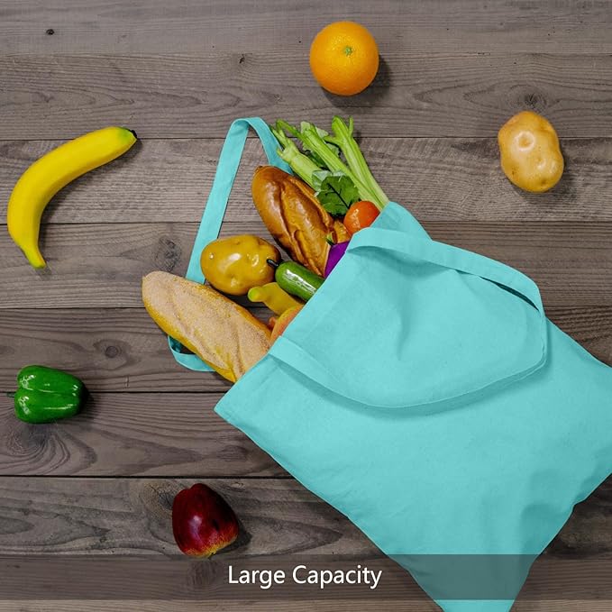 TOPDesign 12-Pack Economical 16"x15" Aqua Blue Cotton Tote Bags, Lightweight Medium Reusable Grocery Shopping Cloth Bags, Suitable for DIY, Advertising, Promotion, Gift, Activity