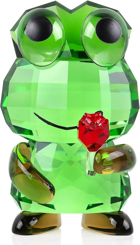 Crystal Frog Hold a Red Rose Figurine Gifts for Women - Funny Lucky Frog Animal Glass Ornament for Home Office Patio Tabletop Decor Housewarming Gift