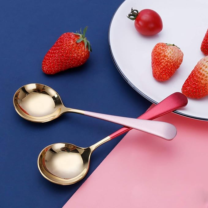 Metal Soup Spoons,Stainless Steel Spoons for Soup Round Colorful Dinner Spoons Thick Short handle Table Spoon 6.3-Inch, Set of 5 (Gold)