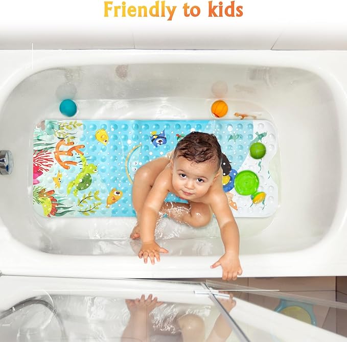 Bath Mat for Tub Non Slip, Machine Washable Anti Slip Cartoon Baby Bathtub Shower Mat with Drain Holes and Suction Cups for Toddler & Kids, 40 Inch x 16 Inch-Rectangular, Swimming Kids