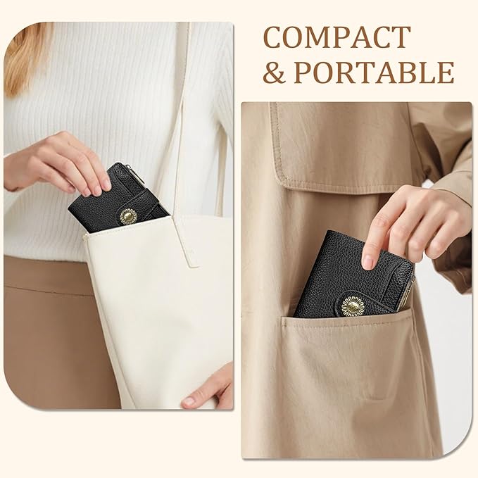 Black Small Wallet Women RFID Blocking Bifold, Credit Card Holder, Zipper Coin Pocket, PU Leather, Compact, Travel, 4 ID Window, 14 Card Slots, Cash Purse, Ladies Woman Female Girls