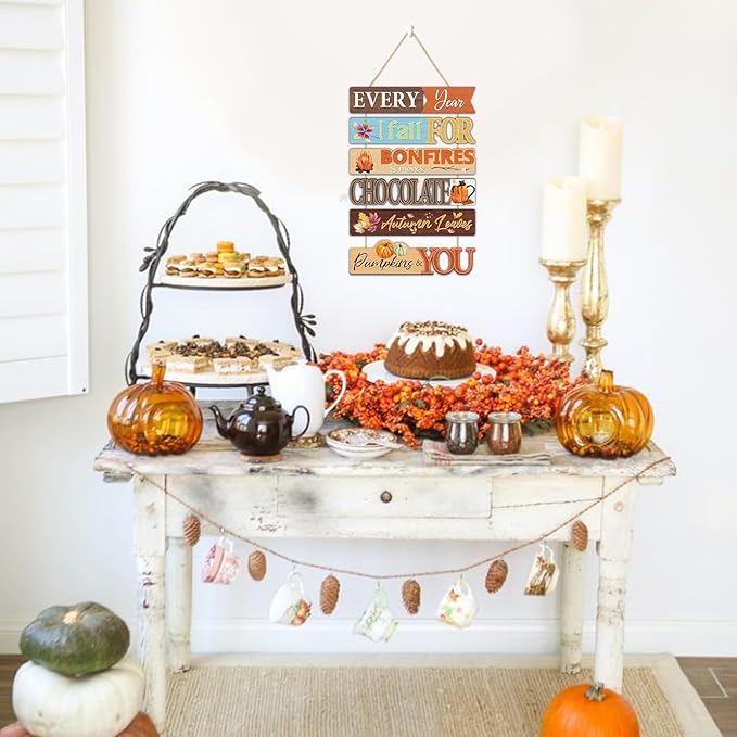 CHDITB Fall Themed Wooden Sign, Autumn Leaves Wooden Hanging Plaque, Pumpkin Bonfire Fall Front Door Hanger, Chocolate S'Mores Autumn Wall Sign Art Hanger for Halloween, Thanksgiving Party Wall Decor