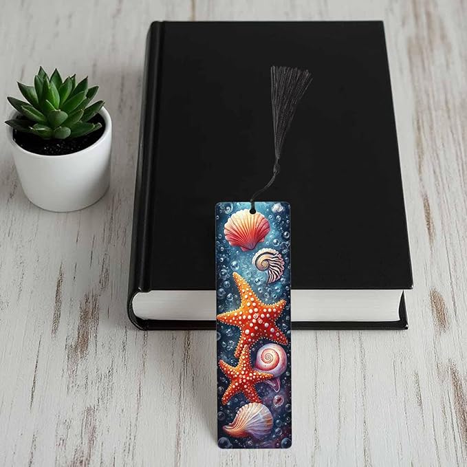 Shells Starfish Bookmarks Set 5 with Tassels Beautiful Sea Bubbles Nature Theme Wooden Bookmarks for Reading Women Men Students Teachers School Supplies