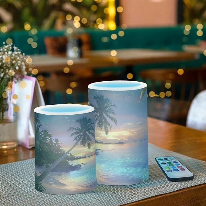 ALAZA Blue Green Sea Water Palm Trees Tropical Flowers Flickering Flameless Candles Battery Operated with Remote Timer,Tea Light Candles LED Pillar Votive Candles Set of 2 for Outdoor Indoor