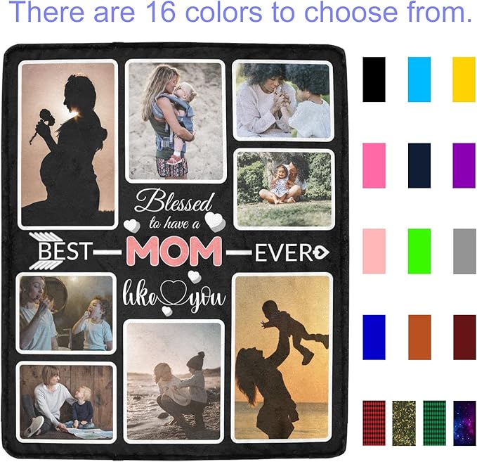 Custom Blanket Gifts for MOM, Customized Blankets with Photos, Make a Personalized Bed Throws to My Mom for Mothers Day, Custom Souvenir Throw Blanket for Best Mom Ever, 8 Collages Made In USA