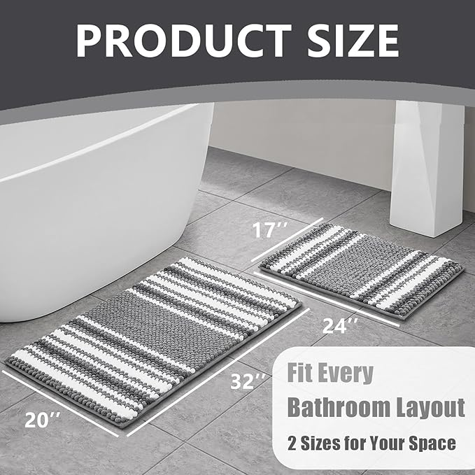 HDFK Bath Mat & Bathroom Rugs, Ultra Soft Looped Chenille Popcorn, Super Absorbent & Non-Slip, Odorless Hot Melt Adhesive Carpet, Striped Shower Rug for Bathtub Floors (32x20 Inch, Black Gray, White)