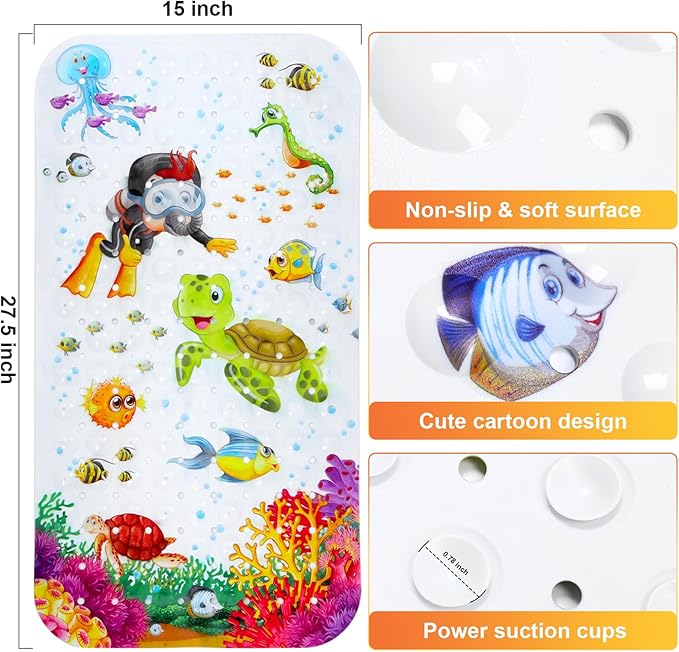 Bath Mat for Tub Non Slip, Machine Washable Anti Slip Cartoon Baby Bathtub Shower Mat with Drain Holes and Suction Cups for Toddler & Kids, 27.5 Inch x 15 Inch-Rectangular, Turtle
