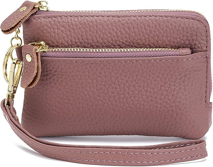 Genuine Leather Coin Purse for Women with Large Opening & Wrist Strap Navy (Purple)