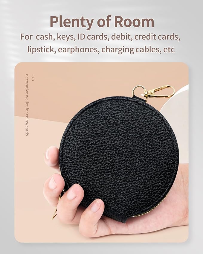 Women’s Small Coin Purse, Vintage Zipper Change Purse, Pocket-Sized, Solid Color, Round Coin Bag with Keychain - Brown