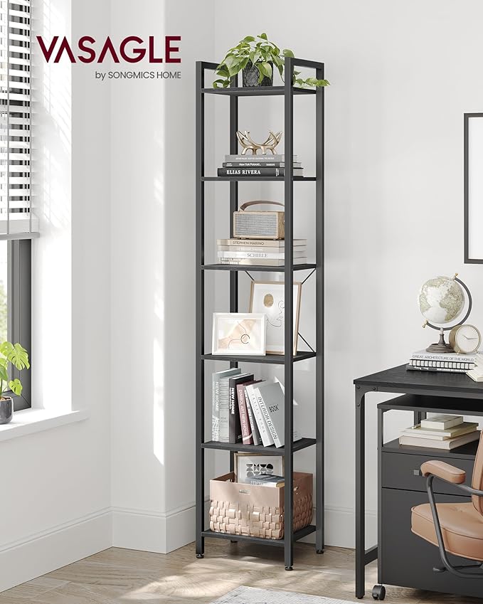 VASAGLE 6-Tier Bookshelf, Bookcase with Steel Frame, Book Shelf for Living Room, Home Office, Study, 11.8 x 15.7 x 73.2 Inches, Industrial Style, Ebony Black and Ink Black ULLS101B56