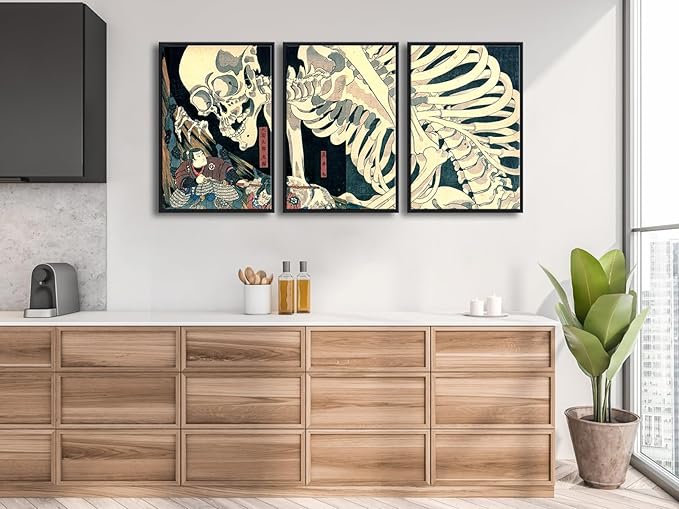 Wieco Art Black Framed 3 Piece Witch and Skeleton Ukiyo-E by Utagawa Takiyasha Historic Cultural Illustrations for Living Room Bedroom Home Decorations Artwork