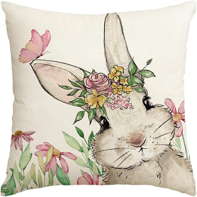 AVOIN colorlife Easter Floral Garland Bunny Throw Pillow Cover, 18 x 18 Inch Spring Rabbit Holiday Cushion Case Decoration for Sofa Couch