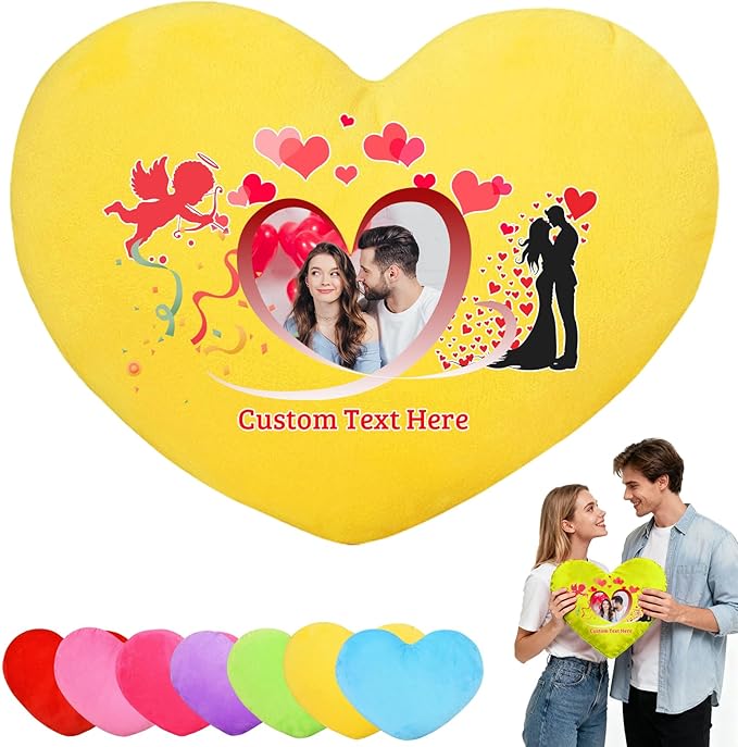 Custom Heart Pillow with Photo Name, Personalized Heart Pillows Decorative Throw Pillows as Valentine Pillow Personalized Gifts for Women Men Kids Family on Valentines Day Anniversary