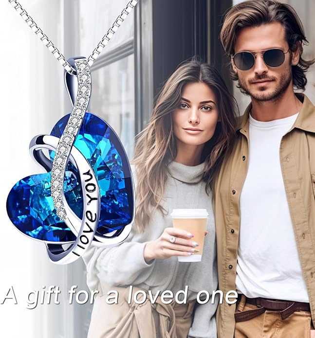 AOBOCO I Love You Sterling Silver 12 Birthstone Heart Pendant Necklace Embellished with Crystals from Austria, Mother's Day Anniversary Birthday Jewelry Christmas Gifts for Women Grandma Nana