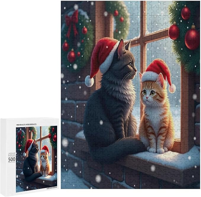 Jigsaw Puzzles for Adults 500 Piece - Christmas Black Cat Wooden Puzzles, Challenge Puzzles Puzzle Games, Stress Relief Games, Funny Puzzles
