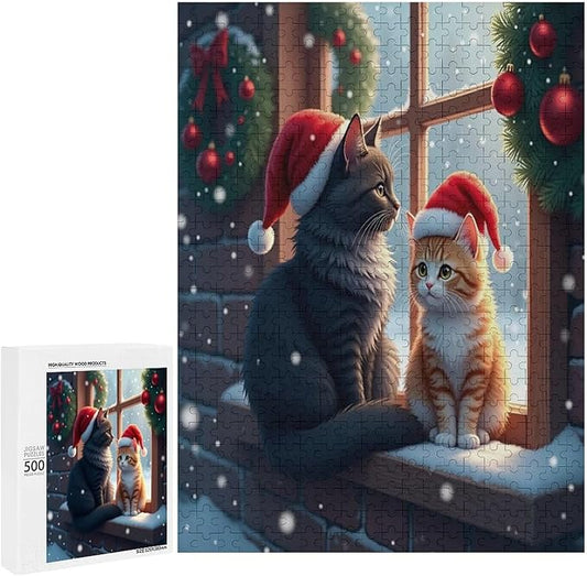 Jigsaw Puzzles for Adults 500 Piece - Christmas Black Cat Wooden Puzzles, Challenge Puzzles Puzzle Games, Stress Relief Games, Funny Puzzles