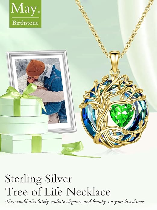 TOUPOP Tree of Life Birthstone Necklace 925 Sterling Silver Pendant Austrian Crystal Jewelry Anniversary Valentine's Day Birthday Gifts for Women Mom Her Wife