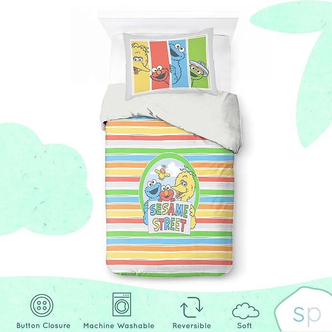 Saturday Park Sesame Street Twin Duvet Cover and Sham Set - Elmo and Cookie 2 Piece 100% Organic Cotton Duvet Set - GOTS & Oeko-TEX Certified