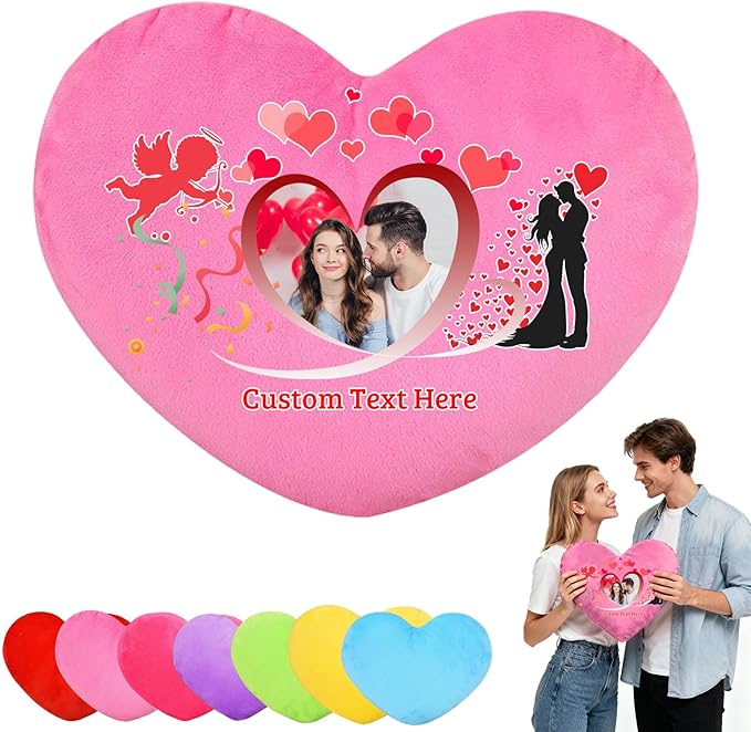 Custom Heart Pillow with Photo Name, Personalized Heart Pillows Decorative Throw Pillows as Valentine Pillow Personalized Gifts for Women Men Kids Family on Valentines Day Anniversary
