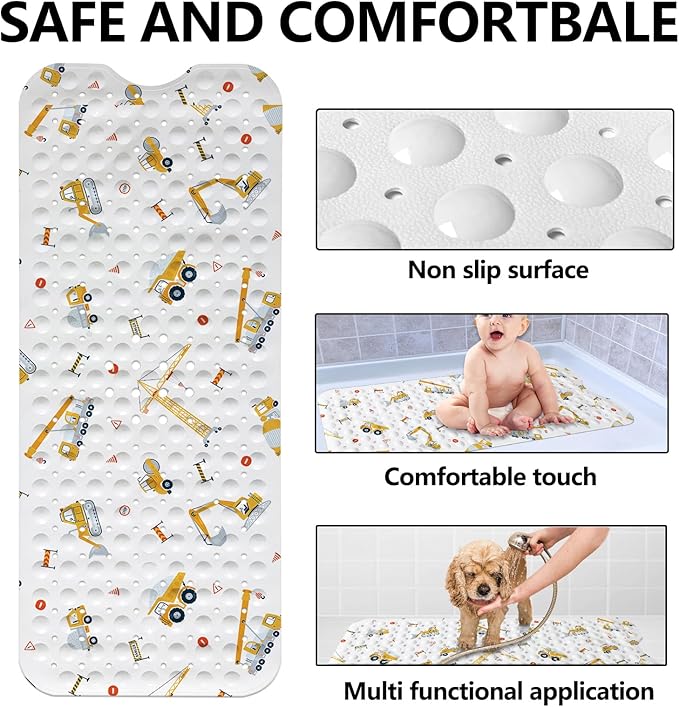 Lnond Kids Non-Slip Bathtub Mat, Extra Long PVC Bath Safety Mat with Strong Suction Cups, Soft & Comfortable, Easy to Clean, for Safer Family Bath Time (Yellow Excavator)