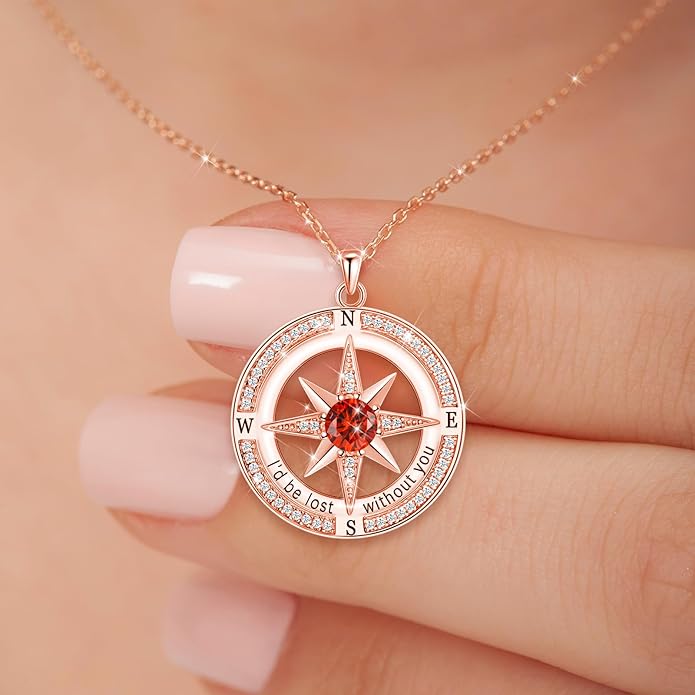 S925 Necklace Birthstone Compass Gift for Women Jewelry Sterling Silver Necklace for Wife Wedding Anniversary Girlfriend Birthday Gifts for Her Valentines Day Mom Mothers Day