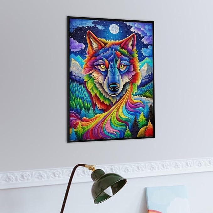 Wooden Puzzle - Colorful Wolf Jigsaw Puzzles，Wooden Puzzles for Adults 300 Pieces Challenge Puzzles，Educational Games，Family Puzzles，Unique Gifts for Wall Art,Funnny Puzzles
