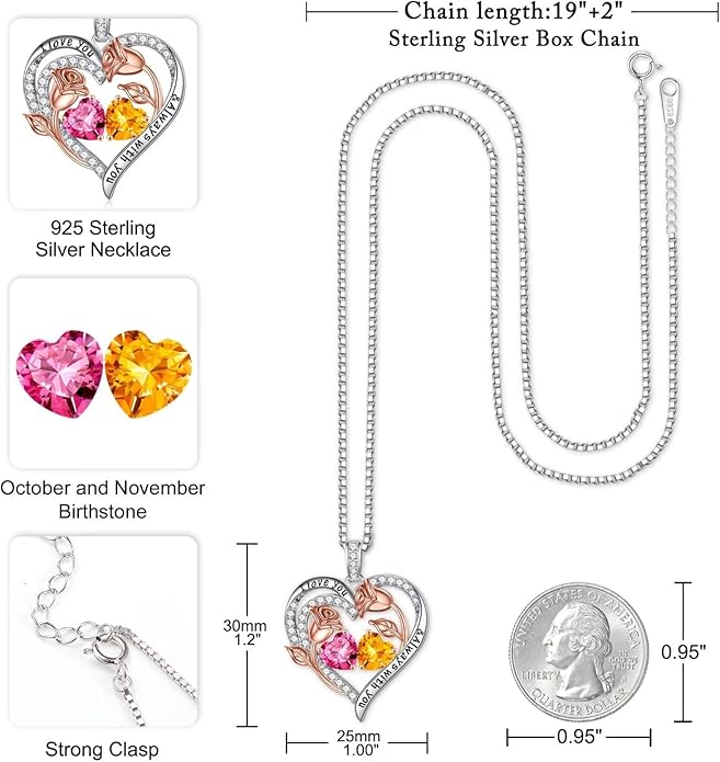 Iefil Valentines Day Gifts for Her - 925 Sterling Silver Rose Heart Birthstone Necklace Birthday Anniversary Jewelry Gifts for Her Wife Mom Daughter