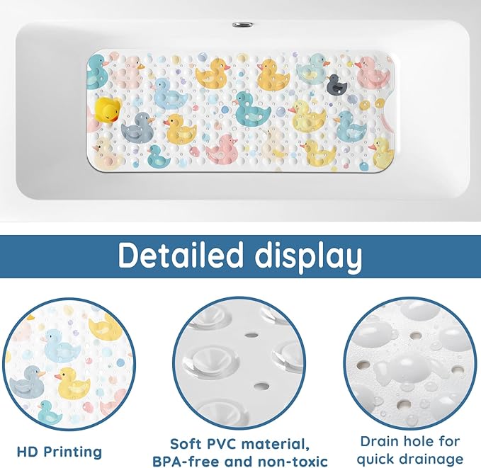 LNOND Bath Mat for Tub for Kids, Toddler Bathtub mat Non Slip, Colourful Cartoon Duck Kids Bath Mats for Bathroom Non Slip with Drain Holes and Suction Cups,Machine Washable (40 X 16 Inch)