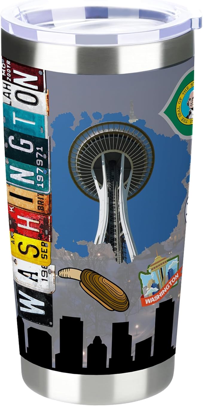 20oz Insulated Tumbler Washington State Coffee Mug, United States Map Travel Mug Landmark, Birthday Gifts Cute Custom Tumbler Cups with Lid and Straw Gifts for Mom