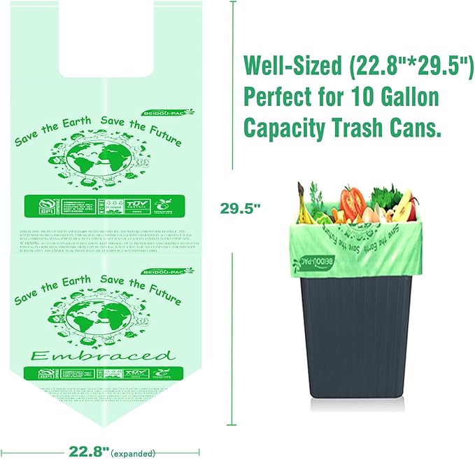 BEIDOU-PAC 8-10 Gallon Compostable Trash Bags, 60 Count - Kitchen & Food Scrap Waste Bags, Sturdy & Biodegradable, ASTM D6400, US BPI Certified