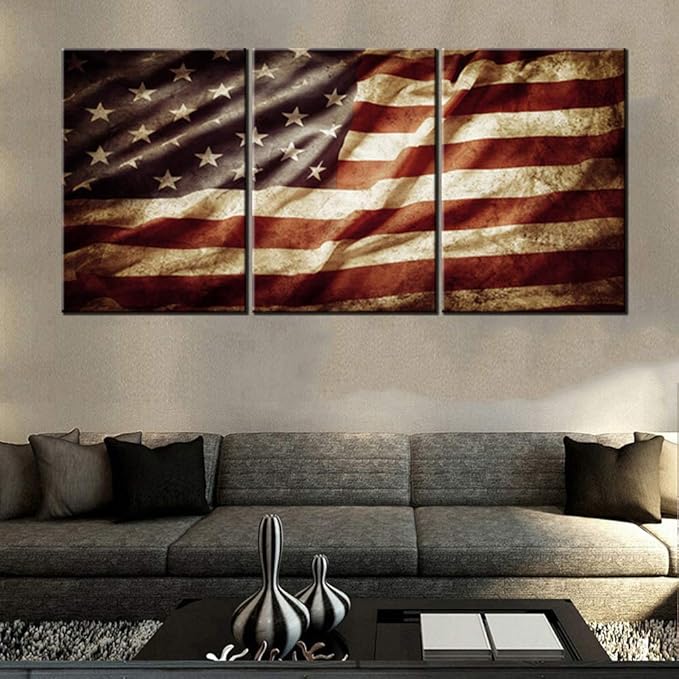 Native American Decor Grunge USA Flag Pictures Stars Stripes Paintings Patriotic Modern Wall Art Artwork3 Piece Printed on Canvas Rustic Home Decor Framed Gallery-Wrapped Ready to Hang(60''Wx28''H)