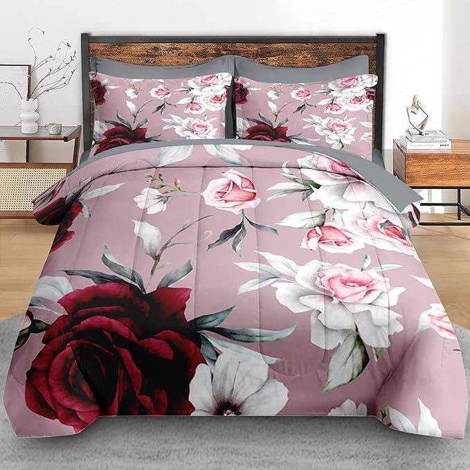 Comforter Set Full Size, Rose Leaves 7 Pcs Bedding for Kids and Adults, Painting Floral Vintage Bed Sheet Sets with Fitted Sheet 2 Pillowcases & 2 Shams for Bedroom Bed Decor
