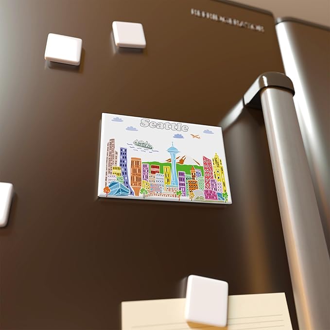 City Themed Artwork Magnet Collection by Beary Blu - Designed in The USA, Collectible Souvenirs Gifts 2.5" x 3.5" (Seattle)