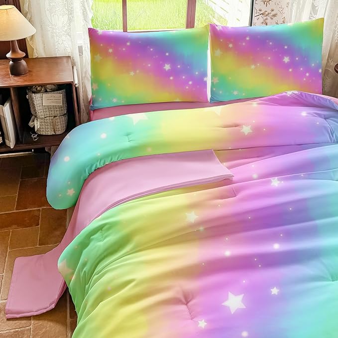 Rainbow Bedding Set Full Size – 5 Piece Reversible Girls Comforter with Deep-Pocket Sheet, Gradient Galaxy Design, Whole-Piece Filling, Machine Washable Bed-in-a-Bag for Kids Room Makeover & Gifts