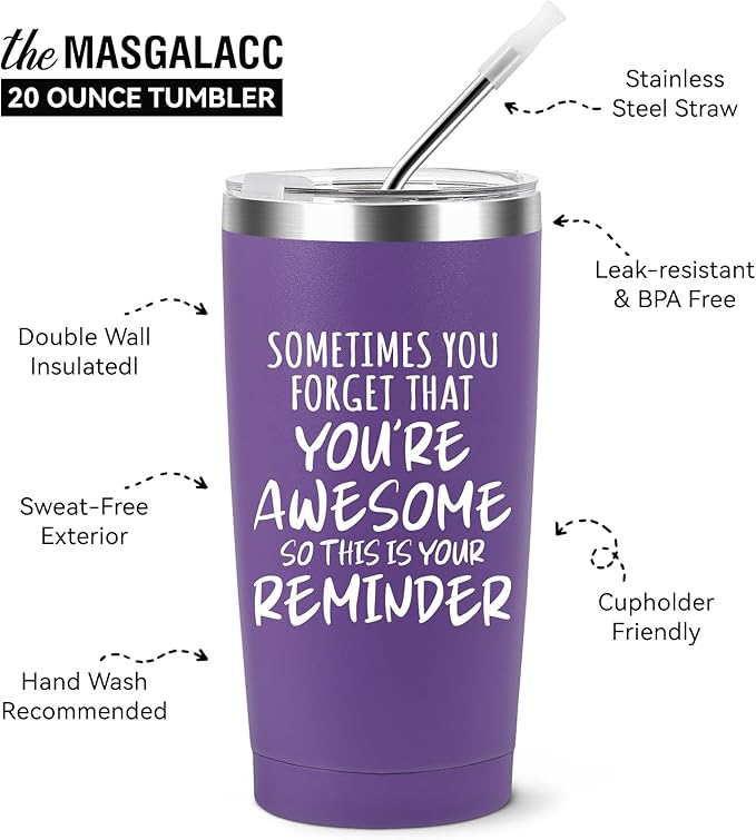 Inspirational Gifts for Women Who Have Everything - 20oz Purple Tumbler, Sometimes You Forget You're Awesome Coffee Mug, Mothers Day Birthday Gift for Mom Wife Girlfriend, Uplifting Gift for Her