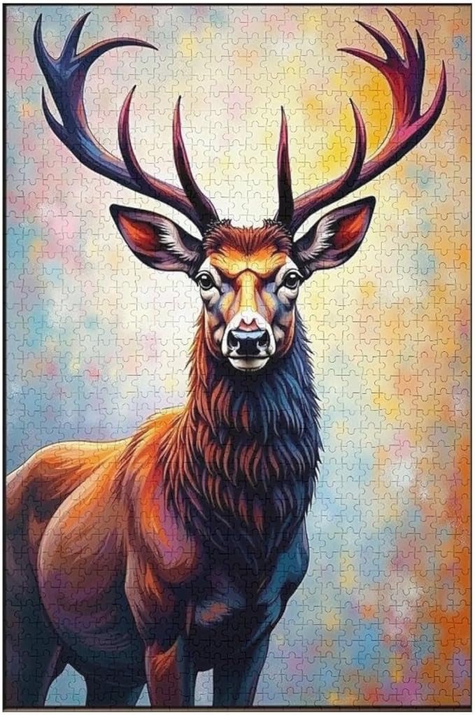 Wooden Puzzles 1000 Piece，Color Abstract Deer Painting Themed Jigsaw Puzzles，Family Puzzles，Unique Gifts for Wall Art，Funny Puzzles，Stress Relief Games，Puzzle Games