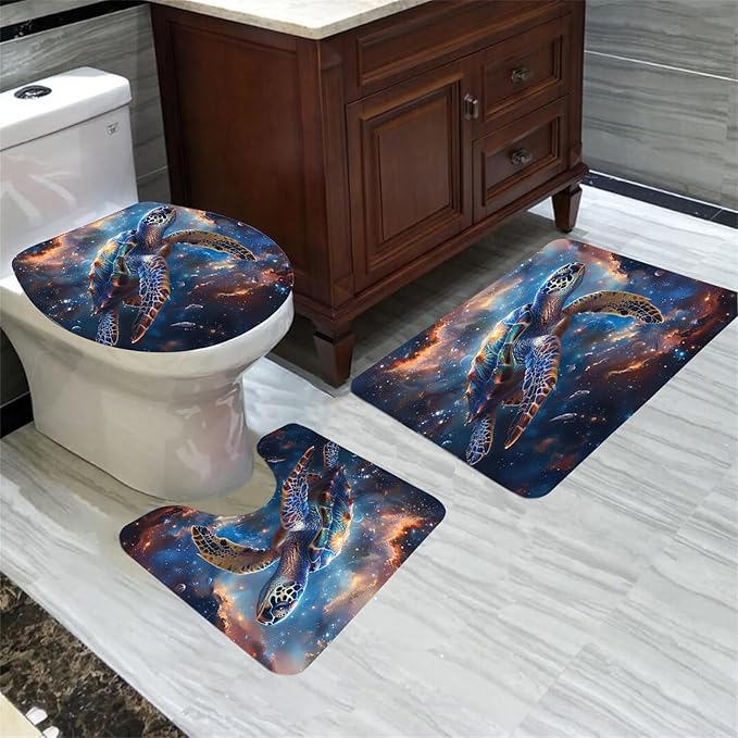 4 Pcs Sea Turtle Shower Curtain Set - Kids Bathroom Set Ocean Shower Curtains Turtle Shower Curtains for Bathroom Shower Curtain Set with Rug,Toilet Cover and Bath Mat with 12 Hooks