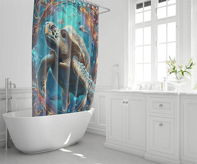 4 Pcs Sea Turtle Shower Curtain - Under The Sea Shower Curtain for Bathroom Ocean Bathroom Sets with Curtain and Rugs