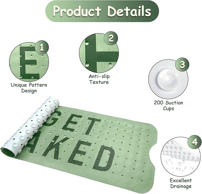 Bathtub Mat Non Slip, Get Naked Extra Long Bath tub Mat Shower Floor Mat with Suction Cups and Drain Holes for Adults Kids Elderly 40 X 16 Inch