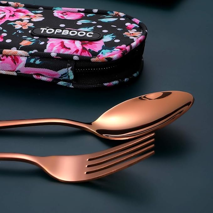 Travel Utensils,Reusable Silverware Set To Go Portable Cutlery Set with a Waterproof Carrying Case for Lunch Boxes Workplace Camping Picnic (Rosegold)