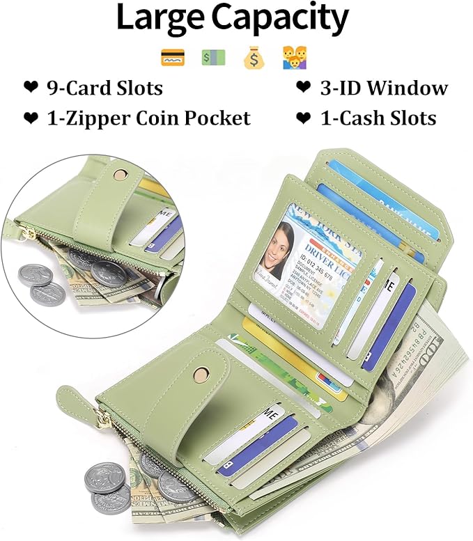SENDEFN Small Wallet for Woman Leather RFID Blocking Bifold Zipper Pocket Credit Card Holder