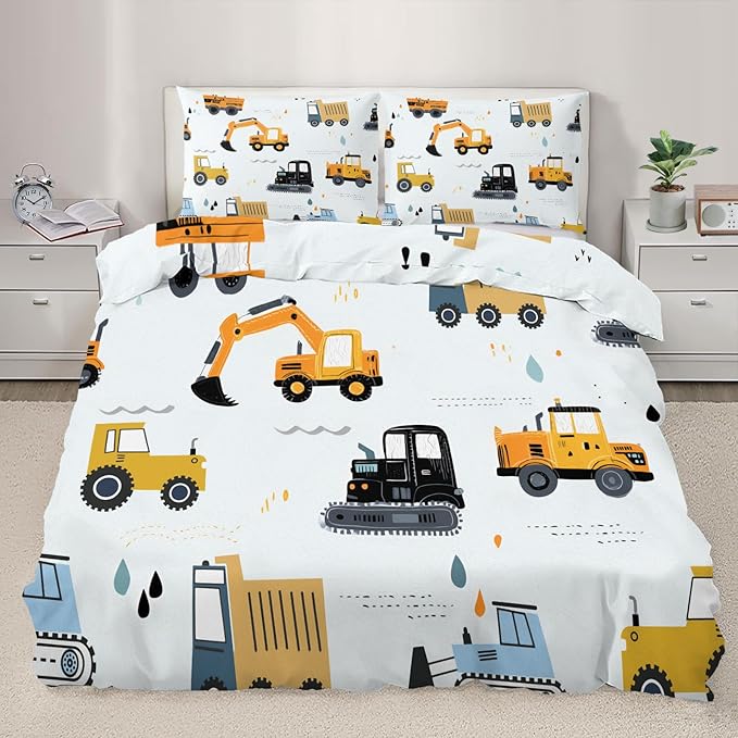Cartoon Construction Vehicles Duvet Cover King Size Excavator Bulldozer Bedding Set Children's Cartoon Cars Comforter Set Colorful Engineering Comforter Cover with Zipper Ties for Bedroom
