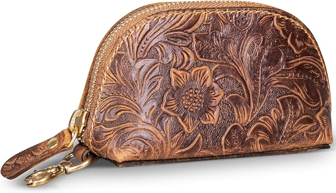 Gexmil Genuine Leather Coin Purse with Zipper, Full Grain Leather, Mini Coin Pouch for Women Men, Change Wallet,Floral Brown