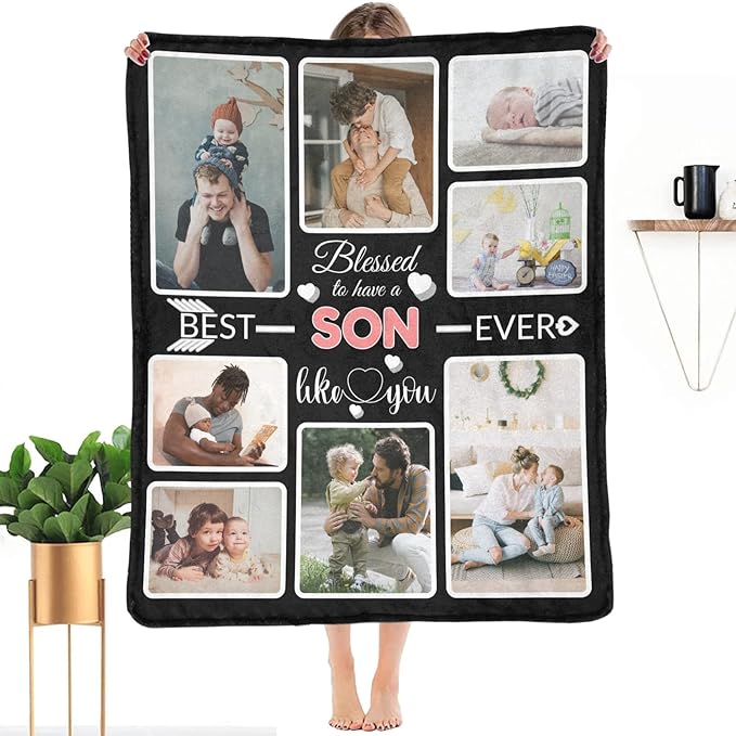 Custom Blanket Gifts for Son, Customized Blankets with Photos, Make a Personalized Bed Throws to My Son, Custom Souvenir Throw Blanket for Best Son Ever, 8 Collages Made in USA