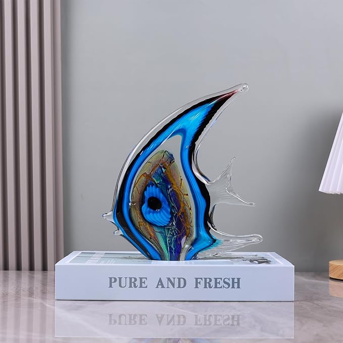 DOVDOV Hand Blown Glass Fish Sculpture, Blue and Colored Glass Fish Decorations, Colorful Home Decorations for Bookshelf, Office, Living Room TV Stand, Room Decor Aesthetics.