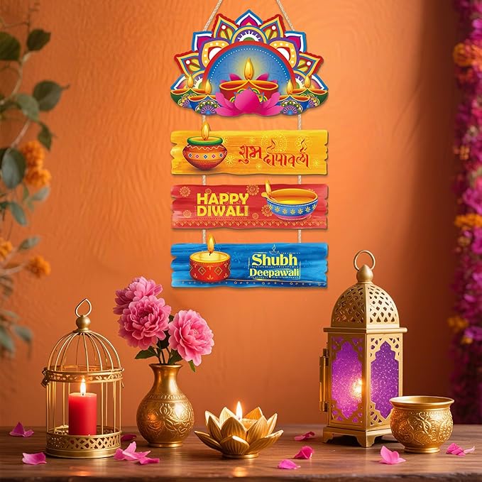 CHDITB Happy Diwali Wooden Sign, Wooden Lotus Rangoli Diyas Festive Wooden Hanging Plaque, Colorful Deepavali Themed Door Hanger, Diwali Wall Art Porch Hanger for Light Celebration Party Decorations