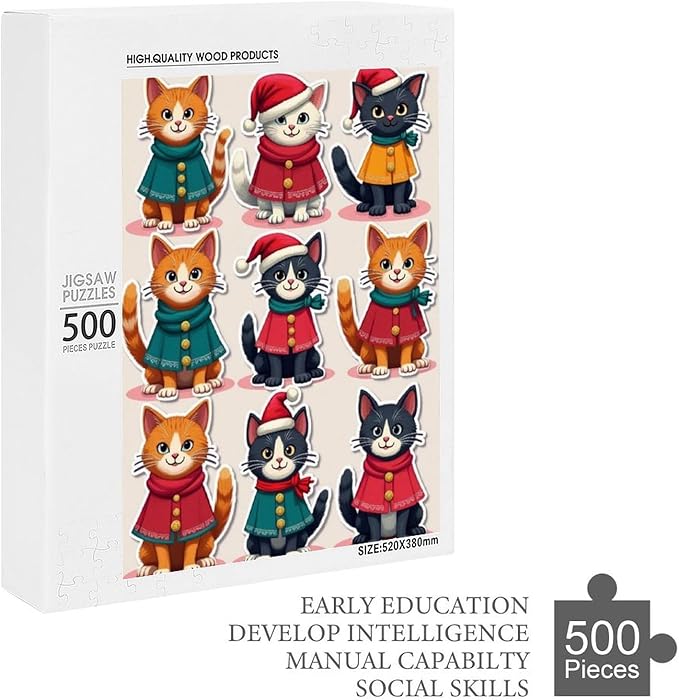 Wooden Puzzle 500 Pieces Adult - Christmas Cat Puzzle Christmas Puzzles, Holiday Puzzles, Family Toys, Party Games, Jigsaw Puzzle Challenge and Funny