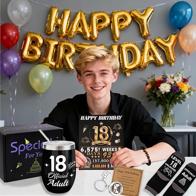 18th Birthday Gifts For Boys,18 Year Old Boy Birthday Gift Ideas with 12 Oz Tumbler, Funny Socks,Birthday Card, Bracelet, Keychain, Cool Gifts for Boys Son Grandson Nephew Friend Birthday