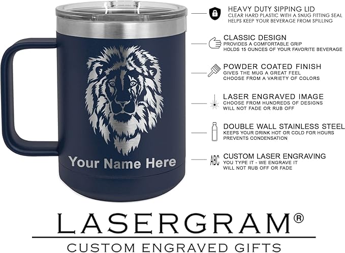 LaserGram 15oz Vacuum Insulated Coffee Mug, Bronco Rider, Personalized Engraving Included (Navy Blue)